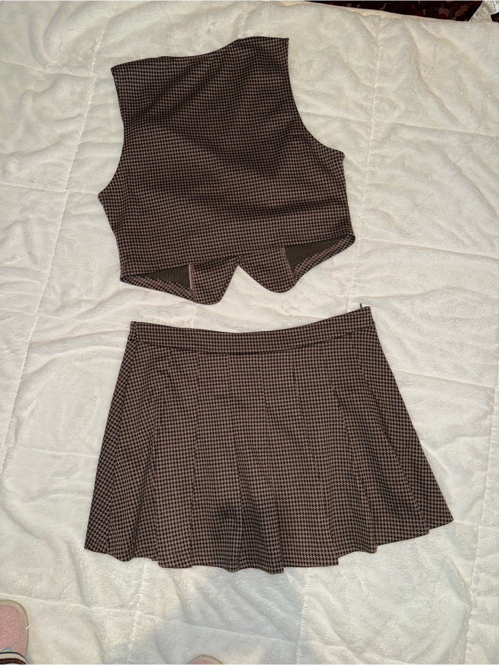 Houndstooth A-Line Skirt Set — Brown & Black - Picture 2 of 4
